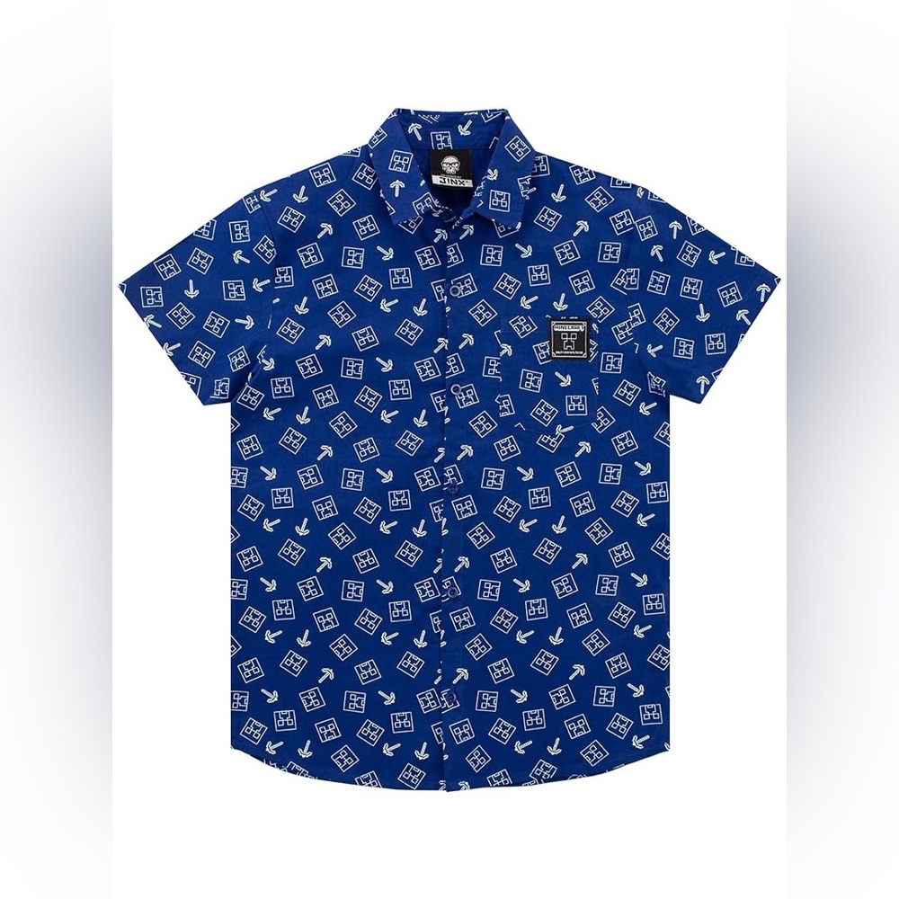 JINX Blue Boys' Minecraft Creeper & Pickaxe Short Sleeve Casual Button Down 6-7